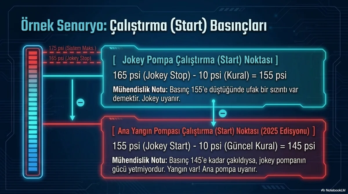 Örnek senaryo çalışma basınçları (psi): jokey çalışma 155 psi, ana pompa çalışma 145 psi