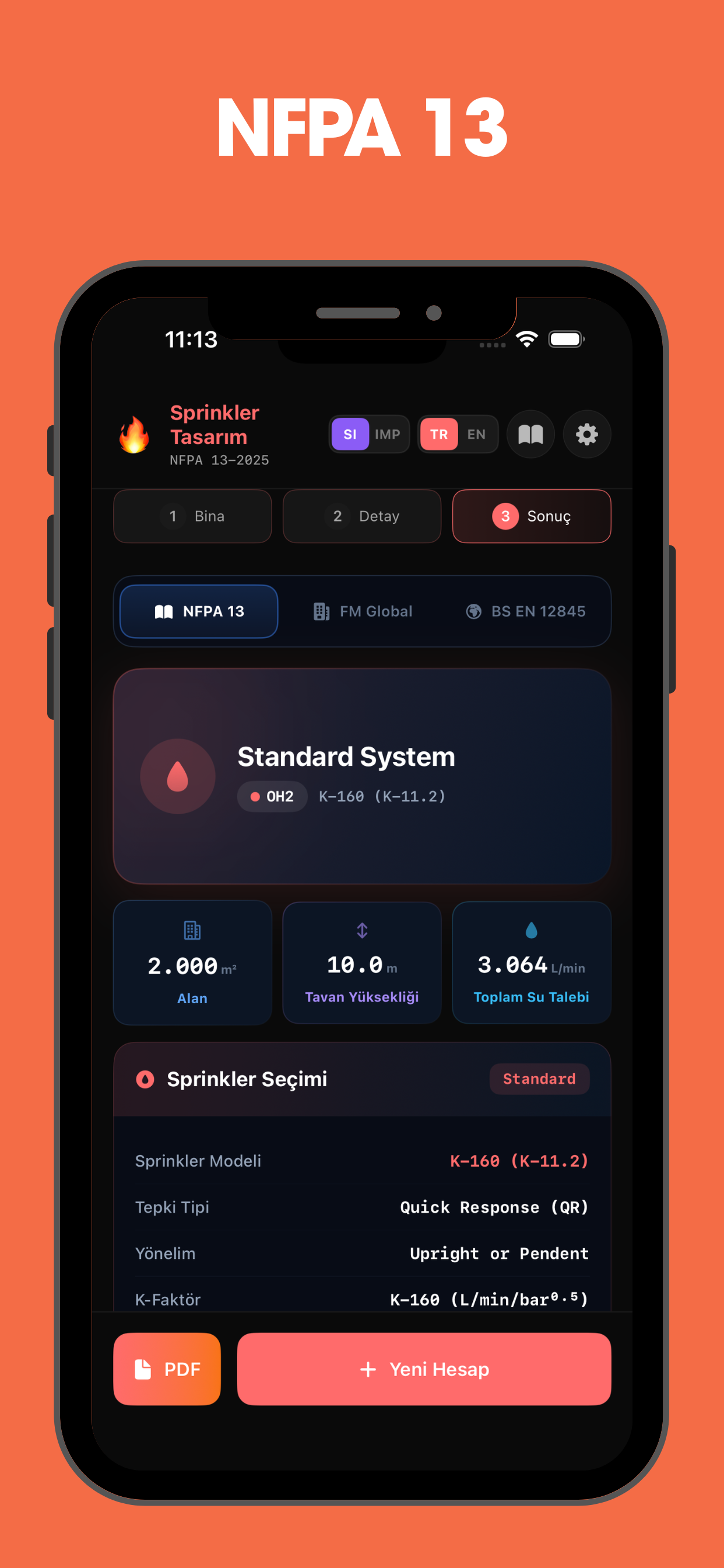 SprinkCalc NFPA 13 sonuc ekrani